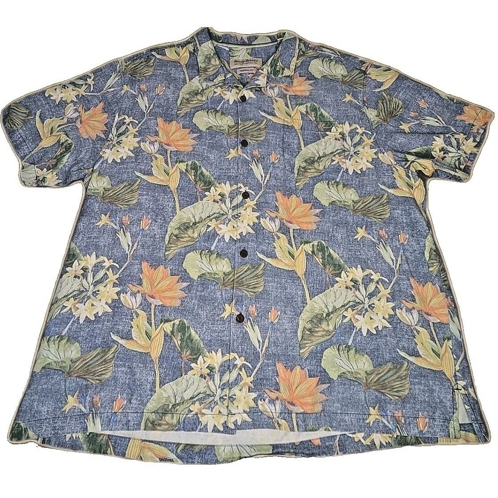 Tommy Bahama Shirt Mens XXL Blue Tortola Silk Hawaiian Camp Floral Button Down
